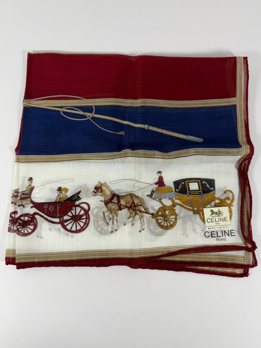 Vintage Celine Paris Horse Carriage Cotton Handkerchief Red Blue